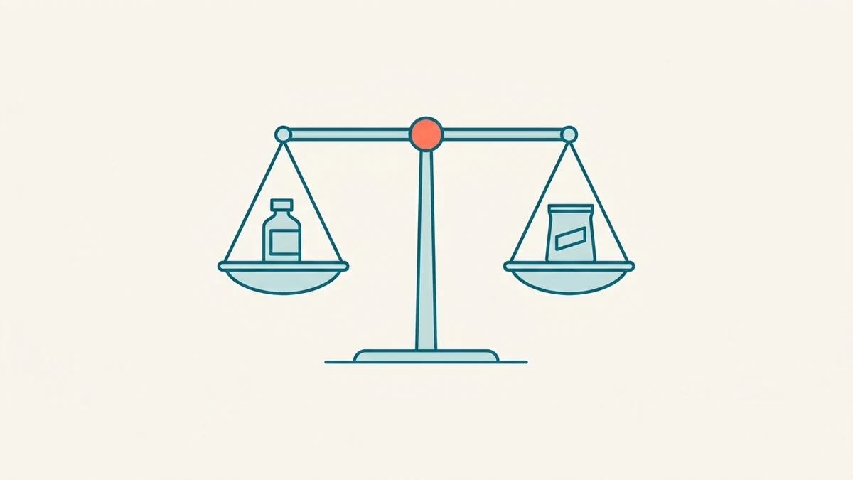 A two-pan balance scale with an acid bottle on one pan and a soda-ash bag on the other, the coral pivot representing water chemistry pulled toward acid or base demand.