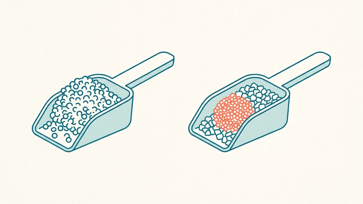 Two identical chemical scoops of granules, one with a smaller coral-outlined cluster inside it showing that only part of the product's weight is active available chlorine.