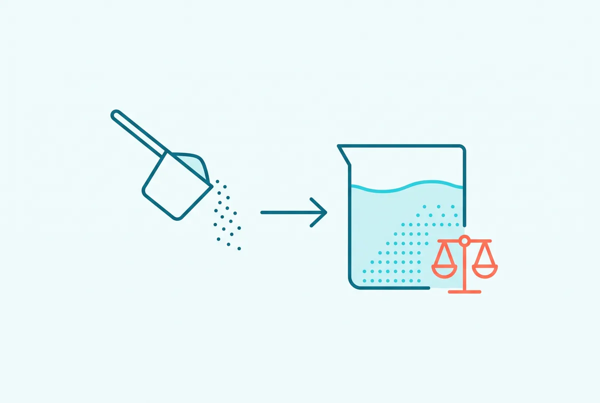 A scoop of granular pool chemical being added to a container of water, with dots showing the dissolved concentration rising and a coral balance scale representing the weight of product the target parts-per-million change converts to.