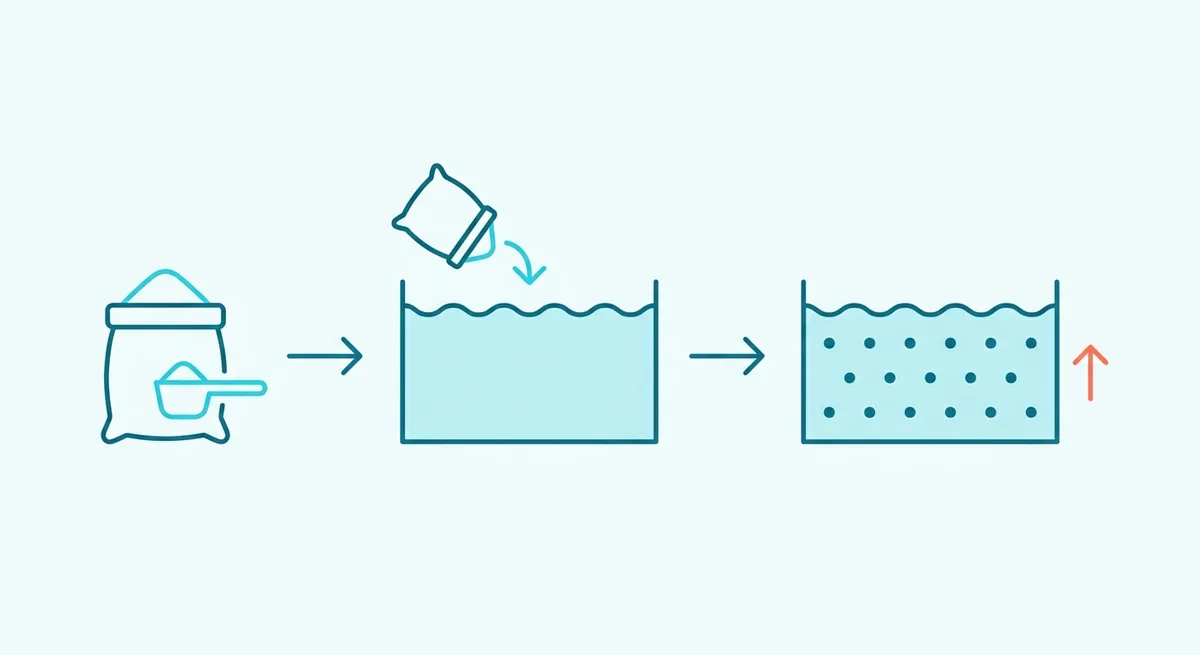 Three-stage dosing flow: a measured weight of chemical, added to a volume of pool water, raises the concentration, shown by a coral arrow pointing up as parts per million increase.