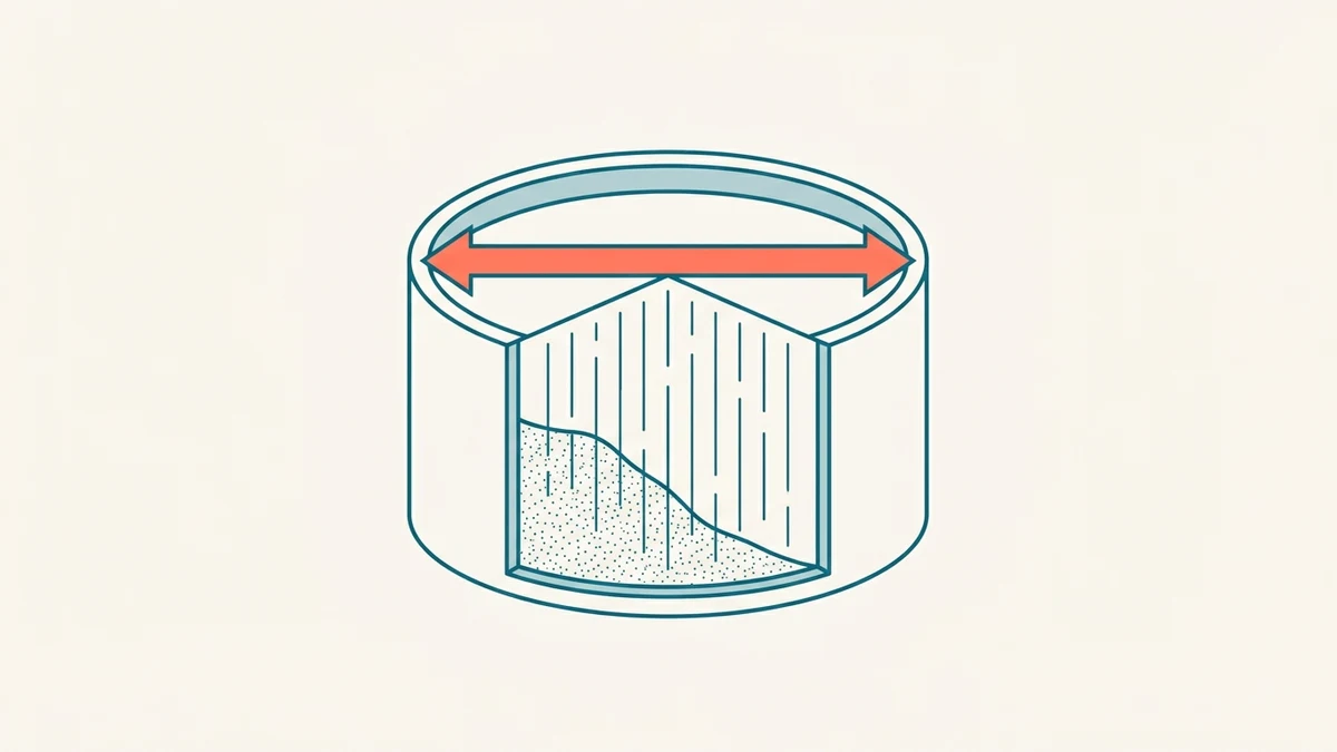 A cutaway filter tank with sand media and water flowing down through it, a coral arrow spanning the tank's top surface area representing the filter's footprint the flow rate divides by.