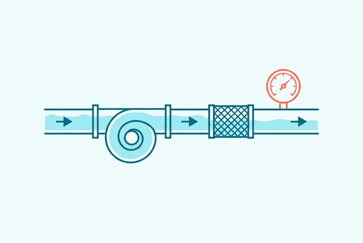 Schematic of water driven through a pipe by a pump and filter, with flow arrows showing the direction of travel and a coral dial reading the flow rate in gallons per minute.