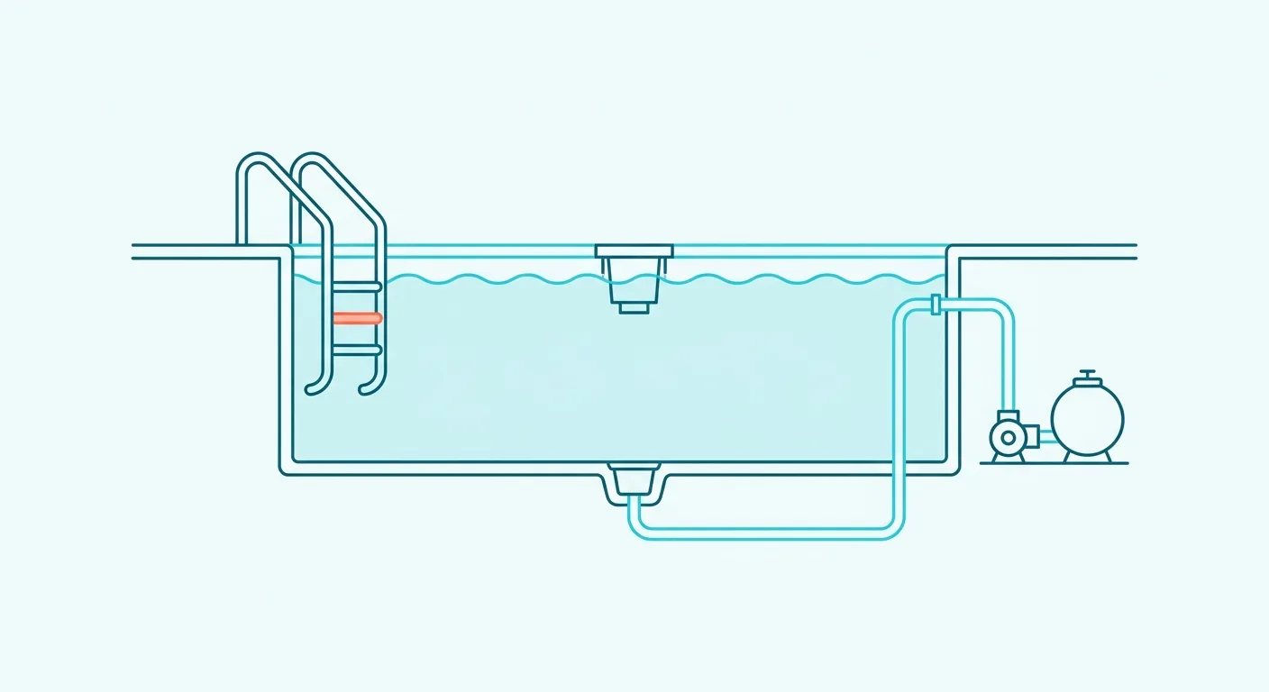 Side cutaway of a commercial swimming pool showing the handrail ladder with a coral middle rung, a surface skimmer at the waterline, a main drain on the floor, and the return-circulation pipes running to a pump and filter.