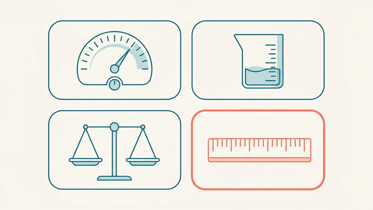 Four small measuring instruments, a gauge, a beaker, a balance scale, and a ruler, each in its own panel, one panel outlined in coral, standing in for the console of different pool-math calculations below.