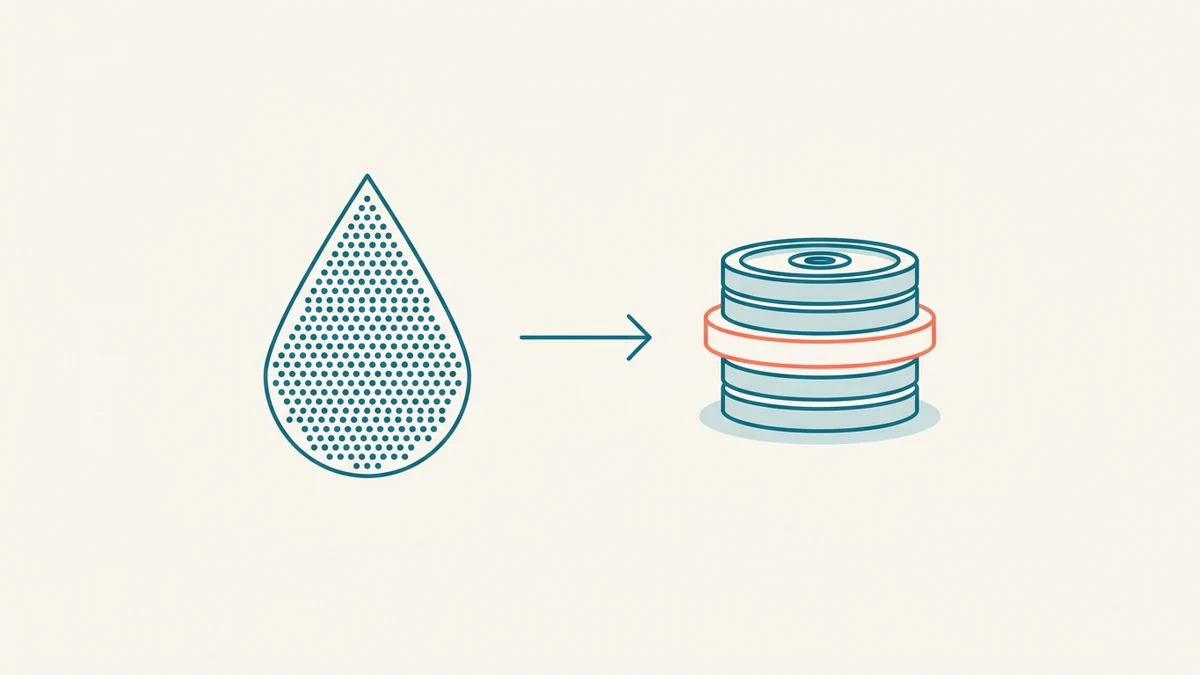 A water droplet made of many small dots, an arrow pointing to a coral-banded stack of weight discs, illustrating a parts-per-million concentration converting into a physical weight of chemical.