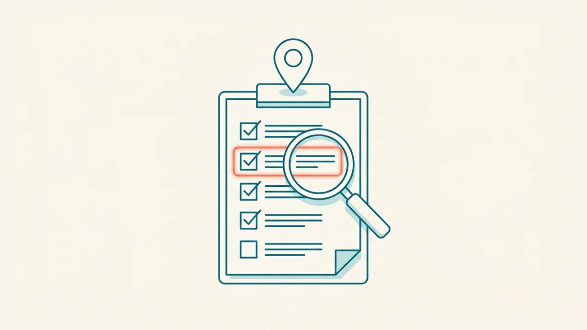 A checklist on a clipboard under a location pin, with a magnifying glass reviewing one checked row, standing in for confirming a requirement against its own jurisdiction's primary source.