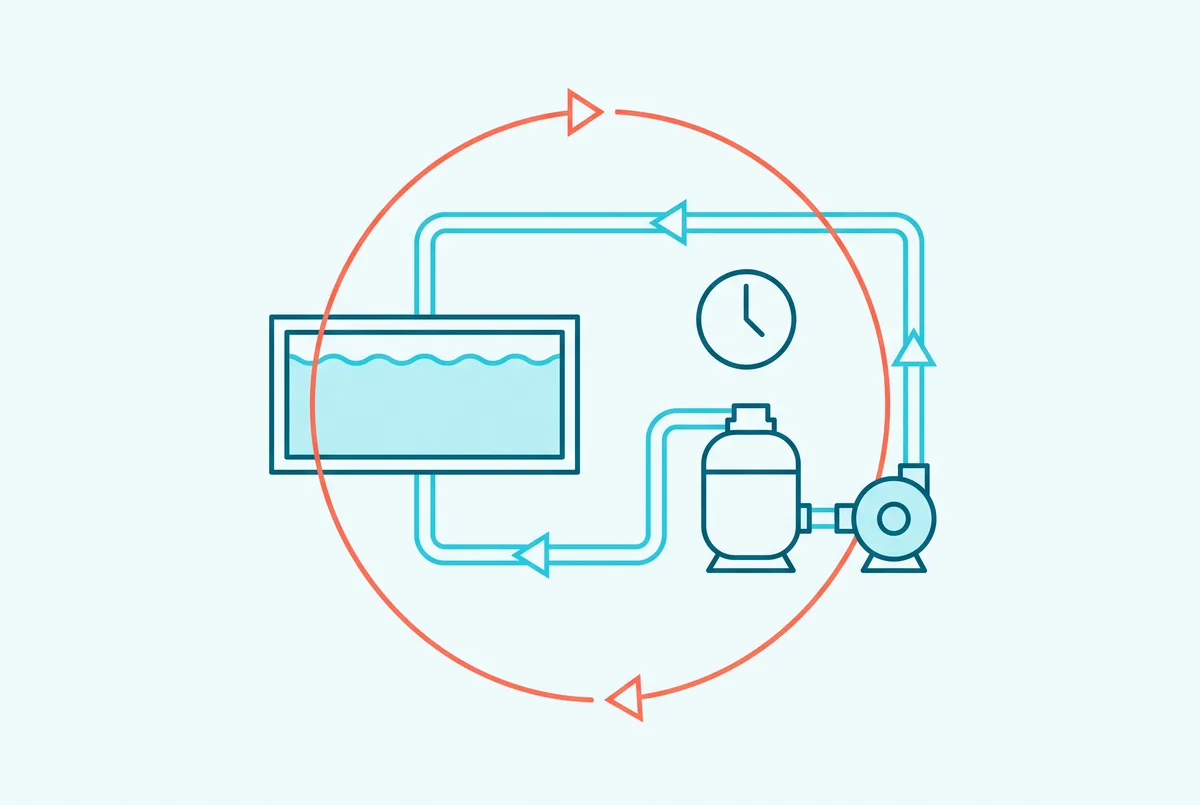 Schematic of a pool's circulation loop: water leaves the pool, passes through a filter and pump, and returns, with a large coral arrow tracing one full turnover of the whole pool volume past a clock.
