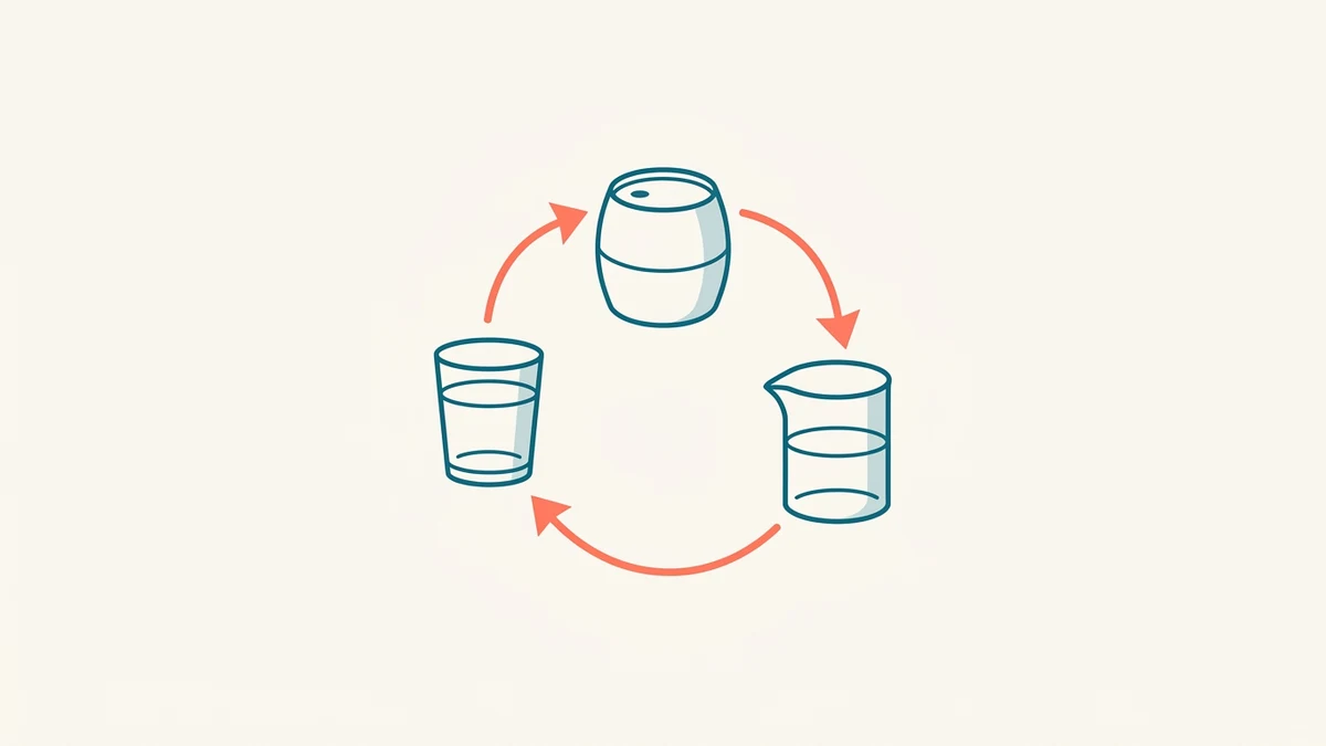 Three differently shaped measuring vessels connected in a loop by coral arrows, representing converting the same quantity between different measurement units.